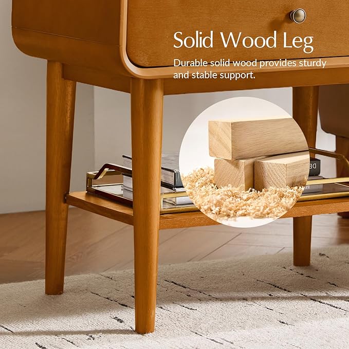 HULALA HOME Nightstand with Pull-Out Shelf, Mid Century Modern End Table with Storage Drawer, Charging Station, Solid Wood Legs, Acorn