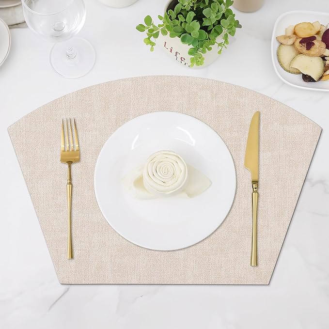 Homaxy Round Table Placemats Set of 6, Washable Wedge Shaped Faux Leather Table Mats, Wipeable Kitchen Dinner Place Mats for Indoor Outdoor, Beige