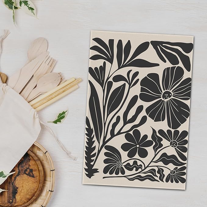 Boho Floral Dish Towels Vintage Abstract Flowers Waffle Weave Black