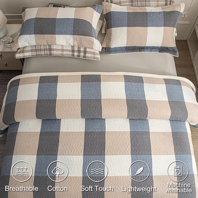 Cotton Plaid Quilt Set King 3 Piece Reversible Bedding, Grid Beige Blue