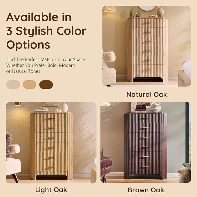 Fluted 6 Drawer Tall Dresser with Curved Profile,47.8" Tall Drawers with Reeded Texture,Gold Handles Storage Organizer Cabinet for Bedroom,Living Room,Entryway,Natural Oak