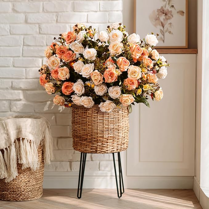 Artificial Flowers for Outdoor 4 Bundles Rose Bouquet with Daisy Faux Flowers UV Resistant for Home Indoor Outside Garden Porch Window Box Balcony Yard Porch Decor (White+Orange)