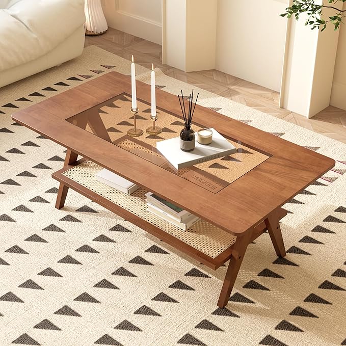 Mid Century Modern Coffee Table with Glass Top and Rattan Storage Shelf, Rectangular Walnut Wooden Coffee Table, Unique Center Tables for Living Room Apartment Home, 47.2 Inch