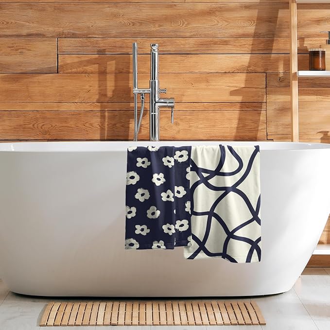 Modern Style Kitchen Towels Navy Blue Geometrical Stripe Set of 2 Quick Dry Microfiber Flower Pattern for Home Kitchen