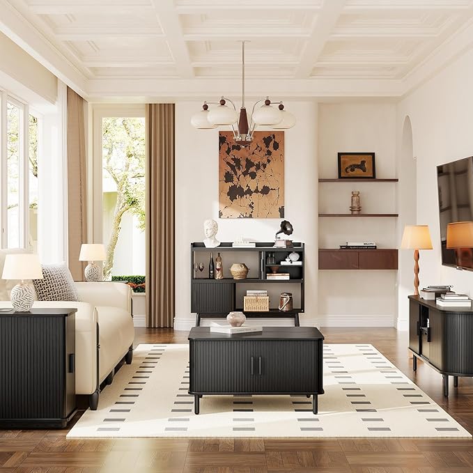 ONBRILL 44" Sideboard Buffet Cabinet with Outlet & 2 Open Storage Spaces, Fluted Sideboard Cabinet with Sliding Door & Adjustable Shelves, Mid-Century Accent Coffee Bar Console Table with Wooden Feet