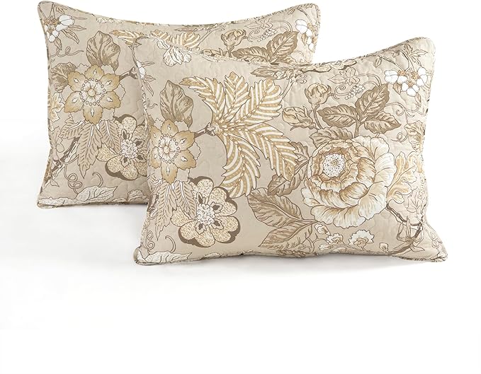 Lush Decor Sydney Reversible Cotton Quilt Set Queen 3 Piece Bedding, Beige Floral Neutral