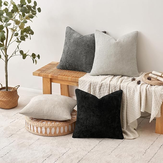 MIULEE Pack of 4 Halloween Throw Pillow Covers 16x16 Inch Neutral Cream/Grey Soft Decorative Chenille Pillow Covers Farmhouse Accent Cushion Covers for Boho Home Decor Bedroom Living Room