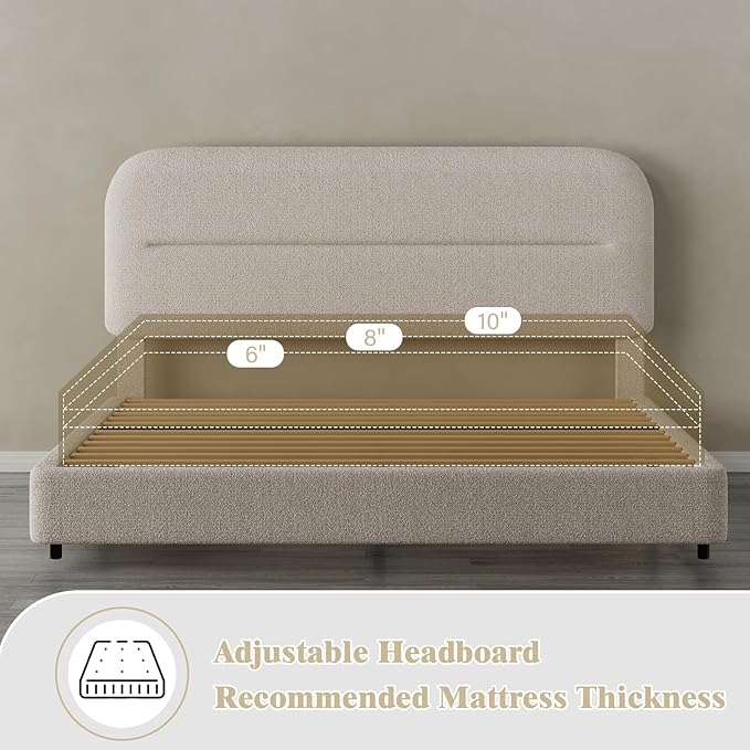 Full Size Boucle Bed Frame, Upholstered Full with Headboard, Soft BedFrame with Thickened Footboard, Soft Rounded Corners, No Box Spring Required, Easy Assembly, Cream