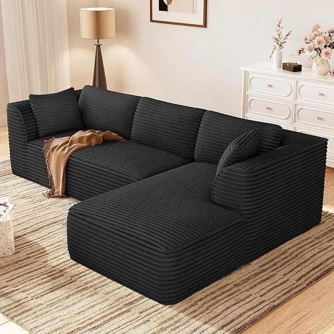 Vesgantti 106" Modular Sectional Sofa with Chaise, Deep Seat Comfy Cloud Couch Corduroy L Shaped Sofa Sectional Couches for Living Room Bedroom, No Assembly Required (Black, Right-Facing Chaise)