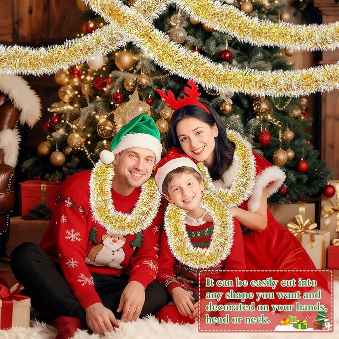 50Ft Christmas Gold and Silver Tinsel Garland Metallic Twist Shiny Garland for Xmas Christmas Tree Ceiling Hanging Decorations Holiday Wedding Home Party Supplies Indoor Outdoor Decor