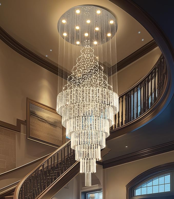 W32 x H120 Glam Chandelier with LED Bulbs Crystal Raindrop High Ceiling Pendant Light for Entrance Large Villa Chandelier Foyer Lighting Fixtures Silver