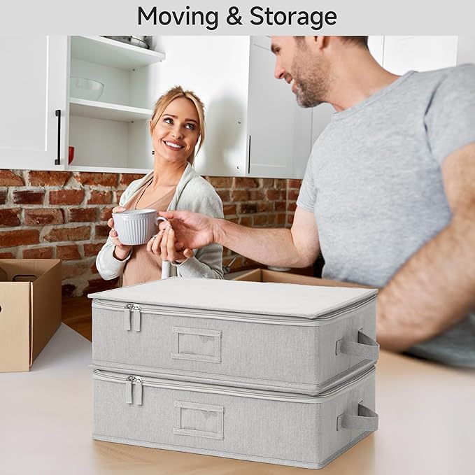 StorageWorks China Storage Container, Stackable Mug Storage Box with Dividers, Stemware Storage Cases, Hard Shell China Cup Organizer, Holds 12 Tea Cups and Coffee Mug, 2 Pack, Light Gray