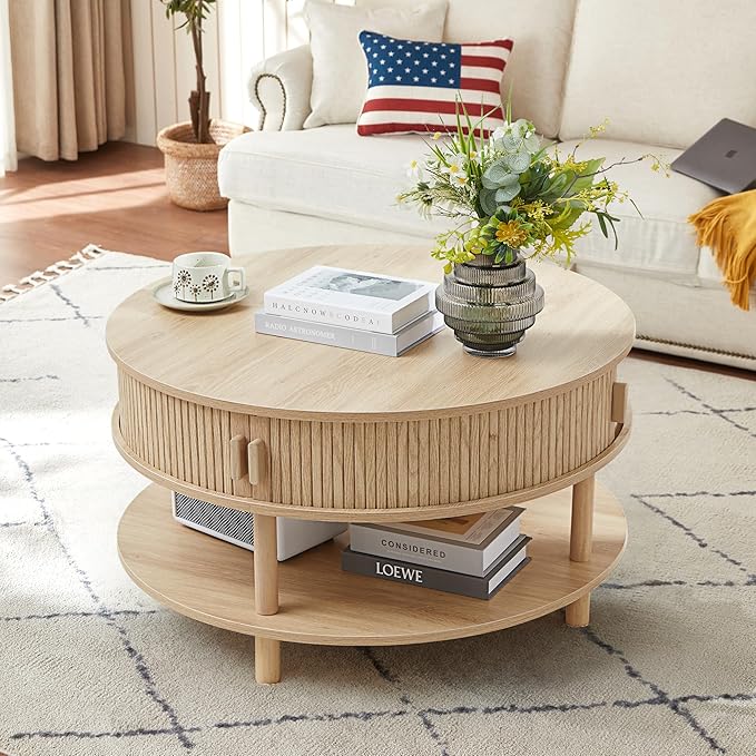 31.5” Round Coffee Table with Storage, Mid Century Modern 2 Tier Coffee Table with Tambour Sliding Door, Solid Wood Legs Fluted Center Table for Living Room Home Office Small Space, Natural