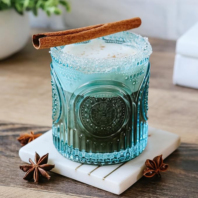 Kate Aspen Ribbed Retro Arch Floral Aqua Blue Drinking Glasses Set of 6, (10 oz) Vintage Glassware Set Cocktail Glass Set, Juice Glass, Water Cups | Great Hostess Gift & Gift for New Home Owners