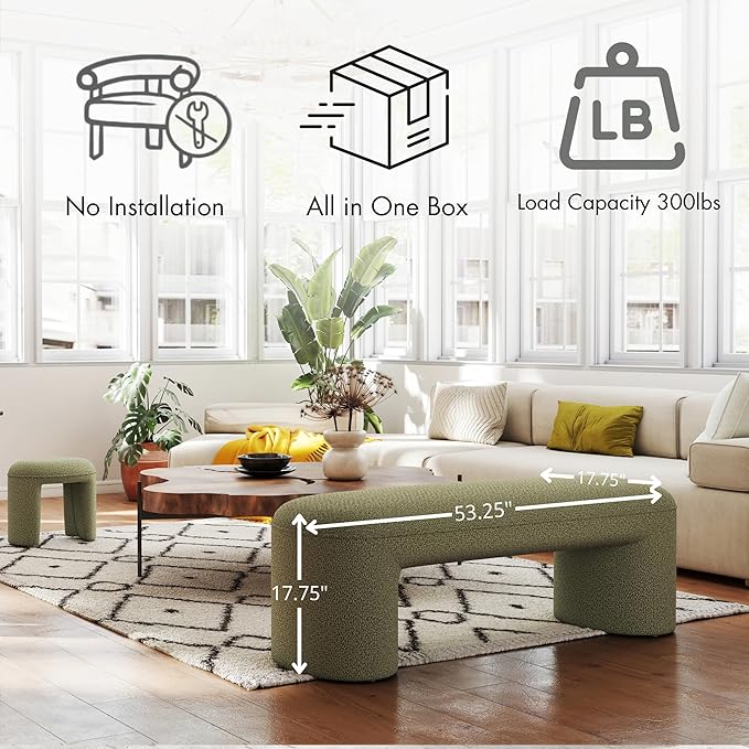 3-Piece Nesting Upholstered Bench with 2 Stools, 53" Chenille Accent Chair Waterfall Bench Modern End of Bed Entryway Bench Bedroom Bench for Living Room Vanity, Green, No Need to Install