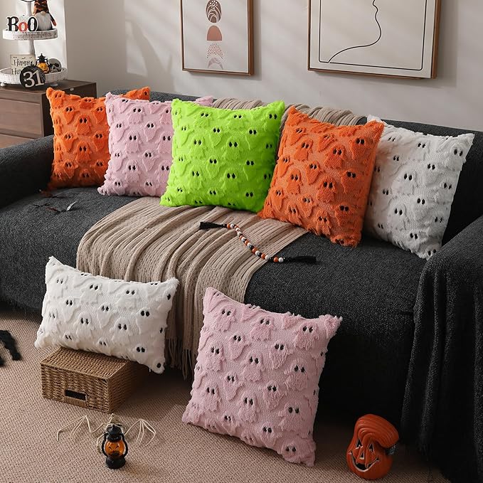 DFXSZ Halloween Pillow Covers 16x16 inch Set of 2 Green Ghost Throw Pillow Cases Soft Plush Faux Fur Wool Cushion Case for Chair Bedroom Living Room Home Decor PTK03Y16