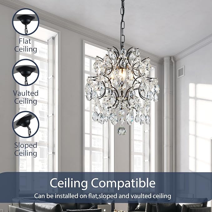 Bestier Black Modern Pendant Chandelier Crystal Raindrop Lighting Ceiling Light Fixture Lamp for Dining Room Bathroom Bedroom Livingroom entryway 1 E26 Bulbs Required D13 in x H16 in