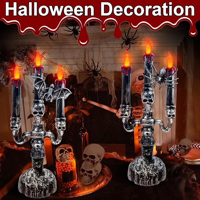 TURNMEON 2 Pack Halloween Candles LED Candelabra,Halloween Decorations 3-Candles Flickering Lamp Light Up Battery Operated Candles Holder Flame Less Bat Spider Decor Indoor Table Home Party
