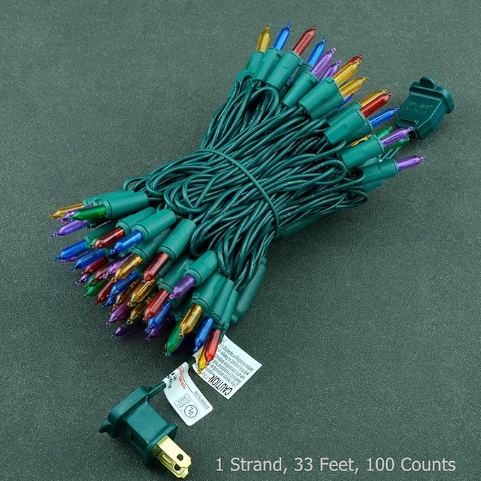 YULETIME Multicolor LED Christmas Lights with Green Wire, 33 ft 100 Count UL Certified Commercial Grade Holiday String Light Set (Multicolor - Green Wire)