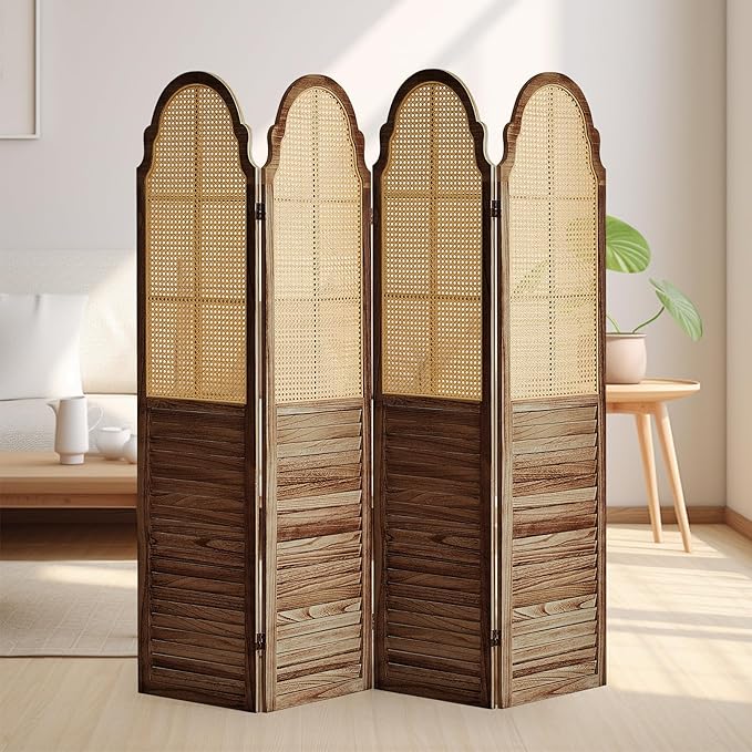 4 Panels Room Divider Wall, Rustic Rattan Room Divider, Wood Folding Privacy Screen, Foldable Wood Divider Wall, Portable Partition Screen, Wall Divider for Room Separation (Brown)