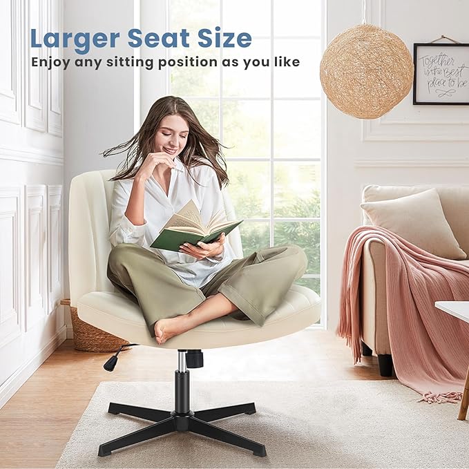 DUMOS Desk Chair No Wheels, Criss Cross Chair Wide Cross Legged Desk Vanity Chair, PU Leather Armless Adjustable Swivel Chairs for Home Computer Task Beige