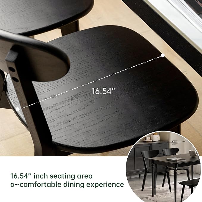 Oak Dining Chairs, Kitchen Chairs, 100% Solid Wood Modern Dinner Chair with Curved Backrest, Dining Room Chair for Kitchen, Living Room, Study (2PK, Black)