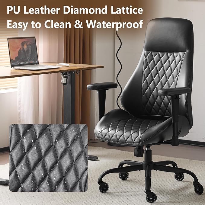 YFO Home Office Chair High Back Office Rubber Chair Casters Ergonomic Computer Chair with Lumbar Support Adjustable Height Rolling Swivel Chair Executive Task Armrests, Black PU