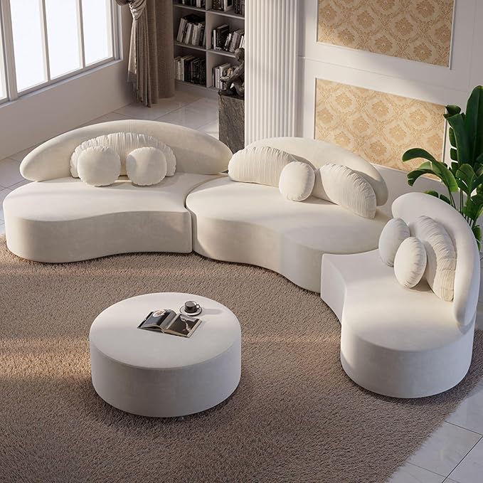 homary 7-Seat Curved Modular Sectional Sofa – Velvet Upholstered, Beige Couch with Ottoman, Modern Living Room Furniture for Family & Entertaining