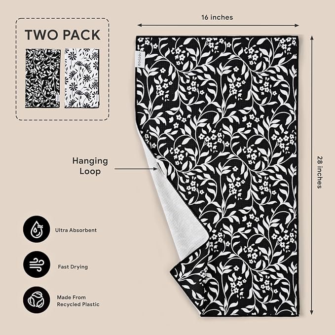 RECYCO Waffle Kitchen Towels Set of 2 Quick Dry Microfiber Sustainable Lightweight Hand Towels Black White Florals 16x28
