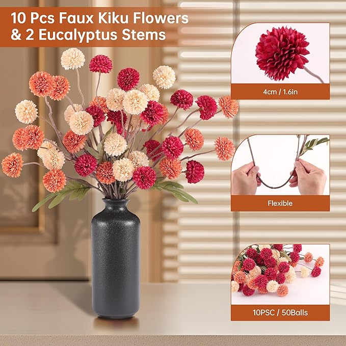 Fall Faux Kiku Flowers 10 Stems & 2 Eucalyptus,Fake Mums Flower Plants Artificial Chrysanthemums Mini Ball Floral for Table Centerpieces,Silk Fall Faux Mums Flower for Vase Wedding Arrangements Decor