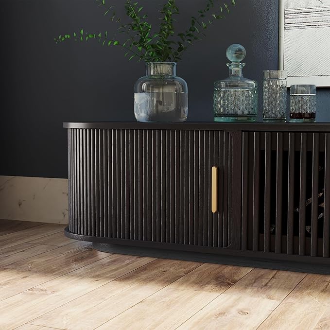 POVISON Fully-Assembled Mid-Century Modern Tambour Door TV Stand, Wood TV Console, Entertainment Center with Storage for 70 inch TV, Media Console for Living Room