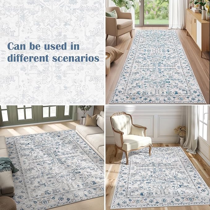 jinchan Vintage Floral Washable Runner Rug 2x6 Non-Slip Low Pile Carpet, Blue