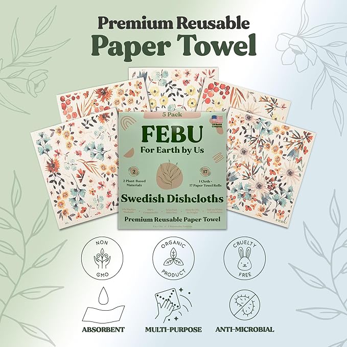 FEBU Swedish Dishcloths 5 Pack Watercolor Reusable Washable Kitchen Dish Towels Tabletop Decor Watercolor