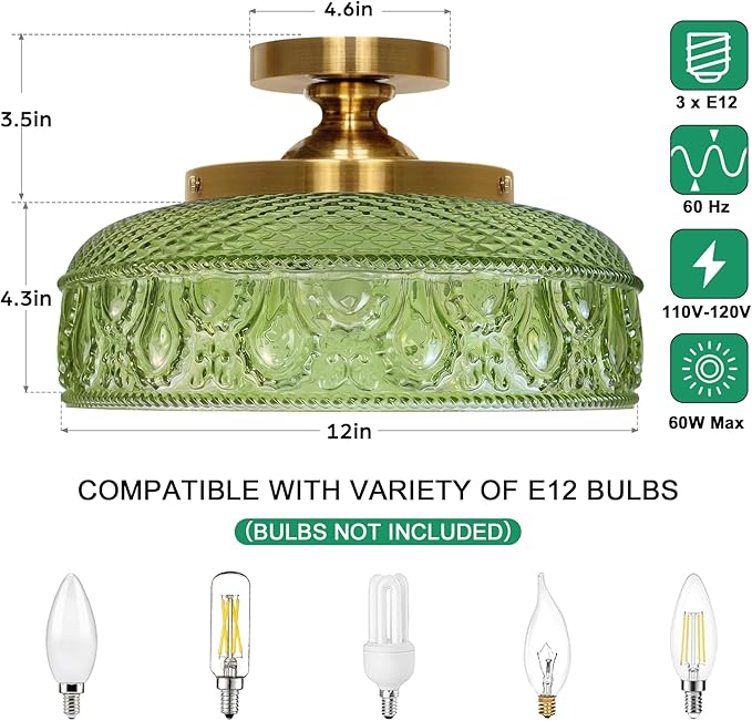 Lamomo Semi Flush Mount Ceiling Light, Upgraded Larger Green Hallway Light Fixture, 3-Bulb Globe Glass Close to Ceiling Scone, Indoor Hanging Light for Bedroom Kitchen Porch Hallway,Bulbs Not Included