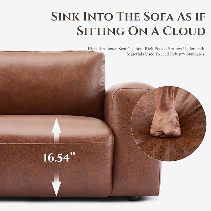 COLAMY 95" Oversized PU Leather Sofa, Comfy Sofa Couch with Extra Deep Seats, Wide Arm, Down Filled 3-Seater Modern Sofa for Living Room, Apartment Lounge-Auburn