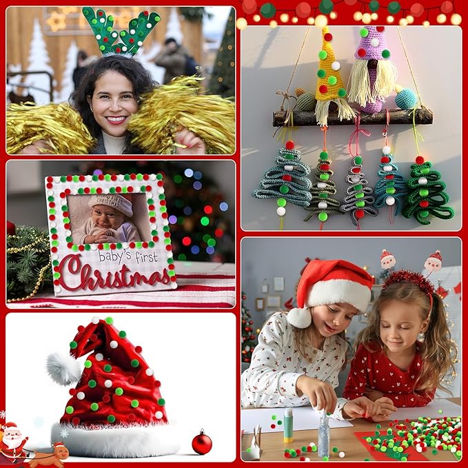 SEPGLITTER Christmas Pom Poms Balls, 1000 Pieces Red Light Green White Mini Pompoms for Crafts Making DIY Art Holiday Christmas Decorations Supplies (4 Colors, 1cm )