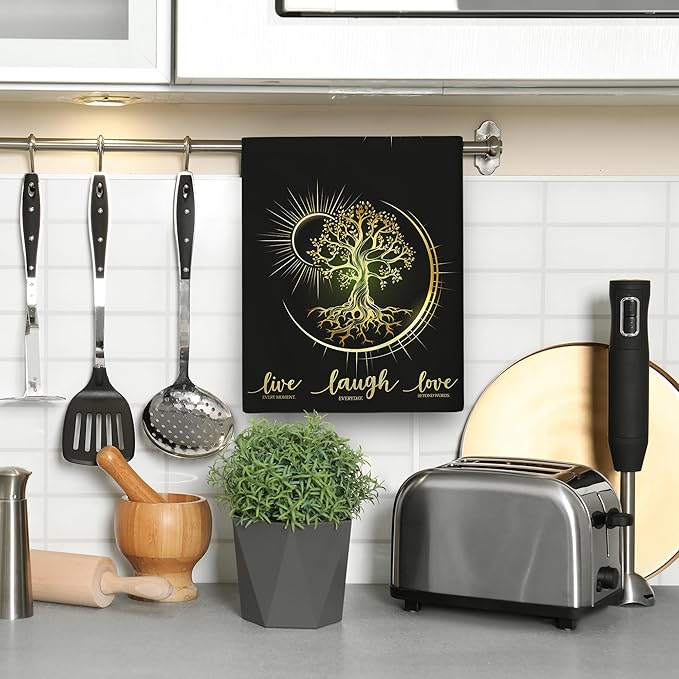 Live Laugh Love Kitchen Towels Set of 2 Absorbent Tree Life Hippie Witchy Aesthetic Cute Moon Dish Towels Tabletop Decor