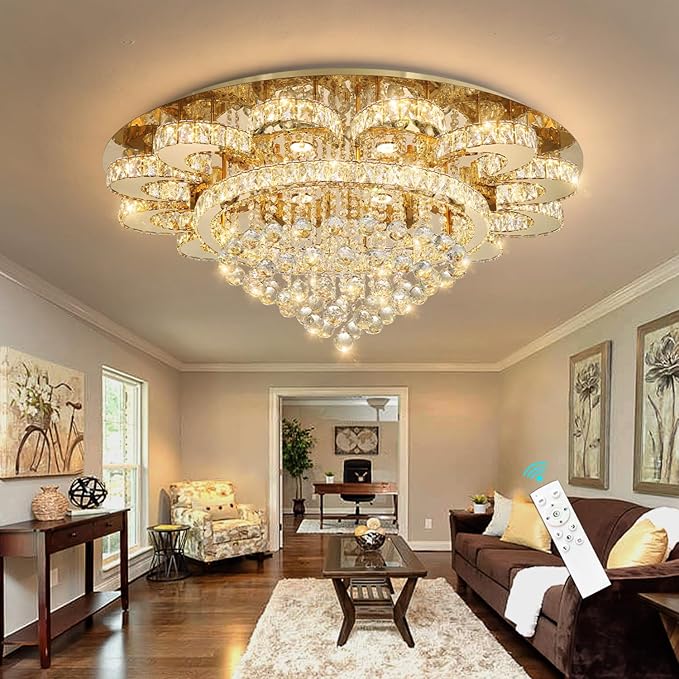 Modern Chandelier Living Room Light Glam Chandeliers Ceiling Light Fixture Remote Dimmable Lights 40 Inches Luxury Crystal Gold Dining Room Lights