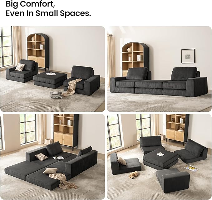 160.63‘’ Boneless Couch Cloud Modular Sectional Couches for Living Room, Oversize U-Shape Sofa with Deep Seat, Plush Corduroy 4-Seater with 2-Ottoman, No Assembly Required