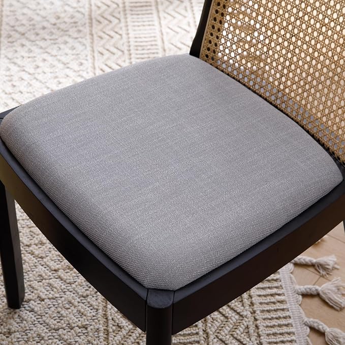Mid Century Dining Chairs Set of 4, Rattan Side Chairs Linen Fabric Kitchen Chair with Solid Wooden Legs for Living Room Dining Room, Grey