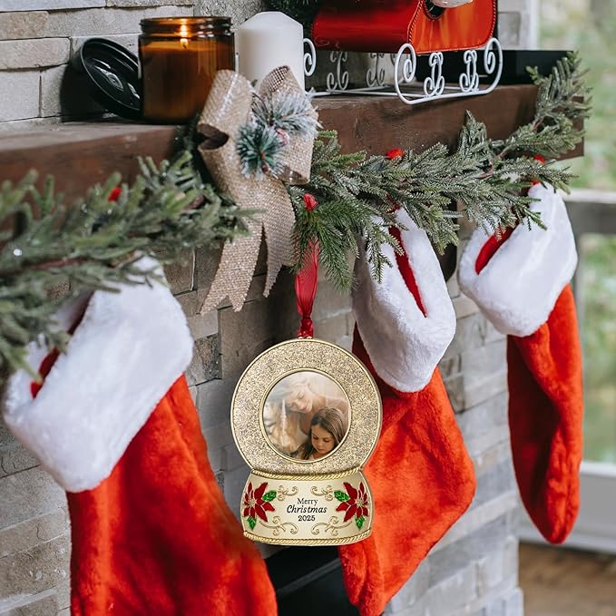 2025 Christmas Ornaments 2 inch Picture Frame Metal Hanging Pendant for Tree Small Decorative Keepsake, Display Photo for Baby and Pet (Crystal Ball Gold(2025))