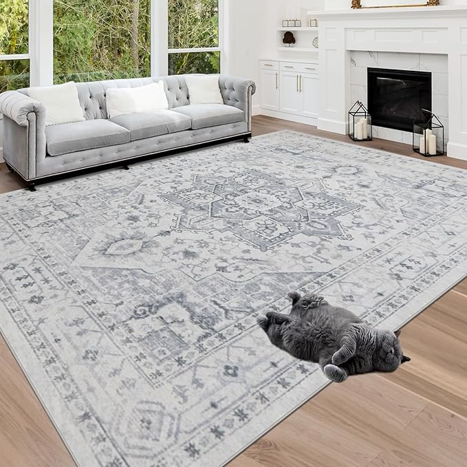 Area Rugs 5x7 Washable Area Rugs for Living Room- Ultra Soft Non-Shedding Faux Wool Bedroom Rug Grey Vintage Print Rugs Non Slip Dining Room Rugs Large Floor Carpet for Farmhouse Home Office
