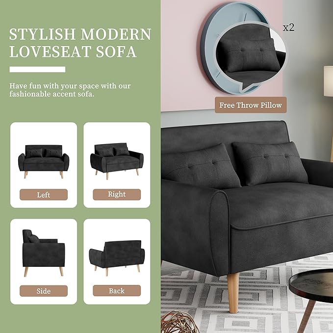 Vongrasig Small Modern Loveseat Sofa 47" Mid Century Linen 2 Seat Couch Tufted LoveSeat, Black