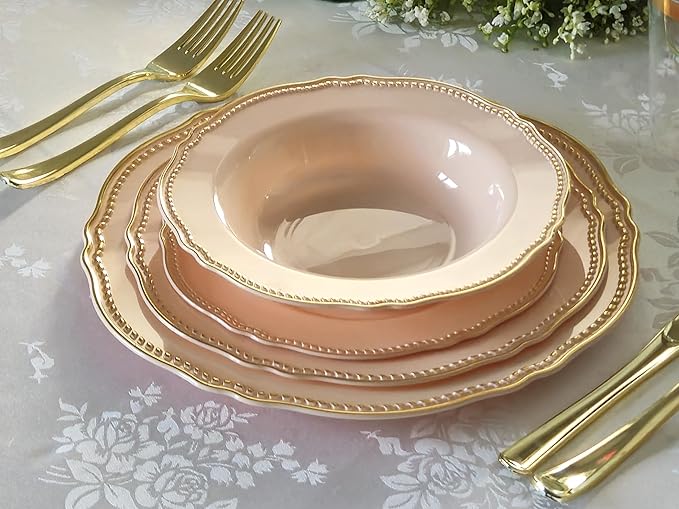 " OCCASIONS " 50 Plates Pack (25 Guests)-Heavyweight Wedding Party Disposable Plastic Plate Set -25 x 10.25'' Dinner + 25 x 7.5'' Salad/dessert plates (Rochelle Antique Rose and Gold)