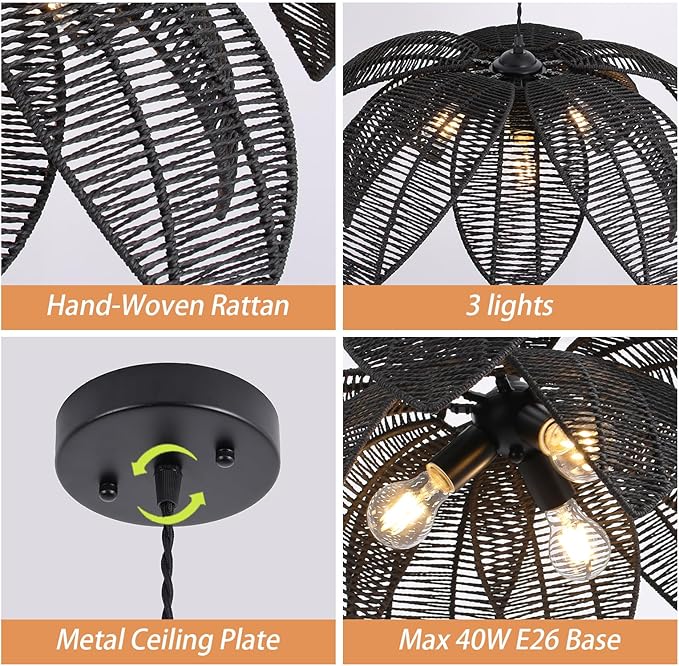 24” Black Boho Large Rattan Chandelier Light Fixture,3-Light Hand Woven Flower Chandelier Farmhouse Wicker Pendant Light for Kitchen,Living Room,Dining Room,Foyer, Bedroom