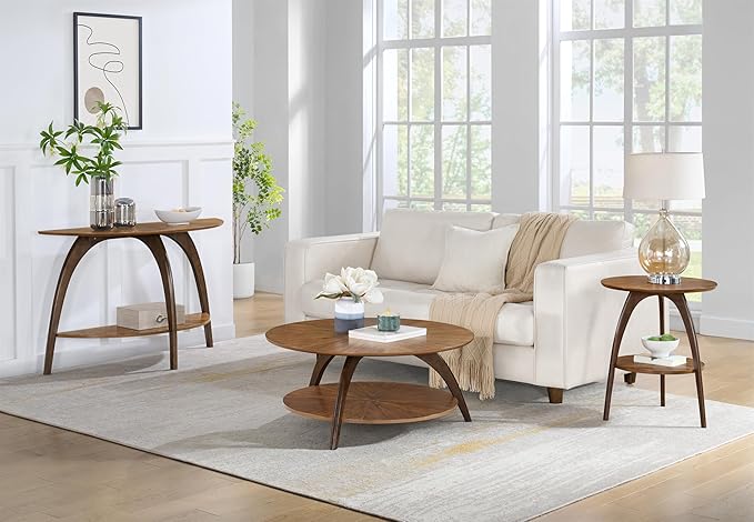 Martin Svensson Home LAX Retro Mid-Century Modern Round Wood End Table, Solid Grain Side Table with Lower Shelf, Small Accent Table for Living Room or Nightstand. Caramel Brown Top & Walnut Legs