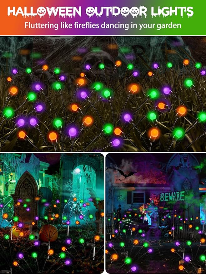6 Pack Halloween Decorations Outdoor Solar Pathway Lights, Solar Firefly Lights Orange Purple and Green, Sway by Wind, Waterproof Solar Halloween Lights for Patio Garden Yard Lawn Horror Party Decor