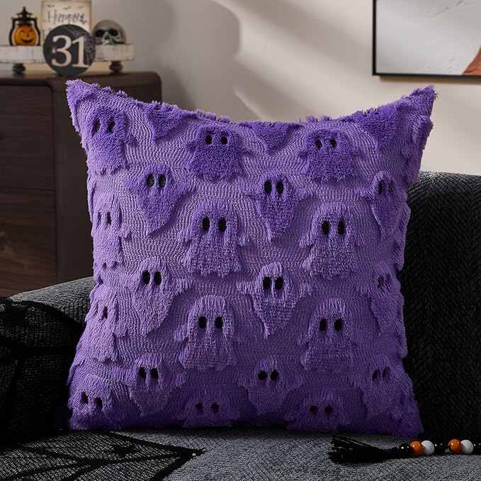 DFXSZ Halloween Pillow Covers 16x16 inch Set of 2 Purple Ghost Throw Pillow Cases Soft Plush Faux Fur Wool Cushion Case for Chair Bedroom Living Room Home Decor PTK03E16