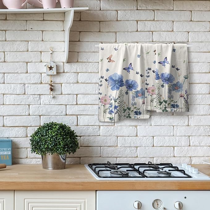 Spring Kitchen Towels Wild Flowers Set of 2 Butterfly Floral Absorbent for Home Gym Spa Blue