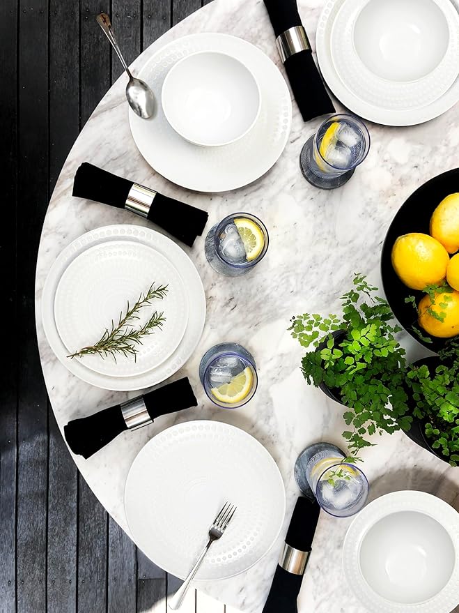 BZYOO Ceramic Dinnerware Set Serive for 4 (12 Pieces), Stoneware Plates and Bowls for Dining Pearl White Dishes Set With DOTDOT Design, Microwave Safe (12 PCS Dishes and Bow set, Bijou Collection)